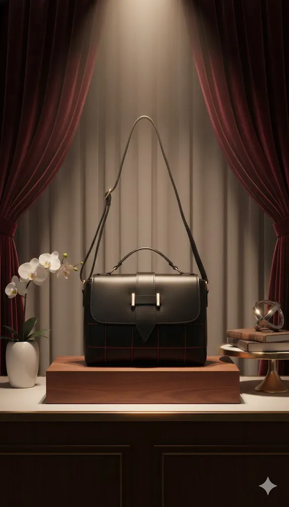 Women's Black Structured Sling Handbag with Red Check Detail & Top Handle