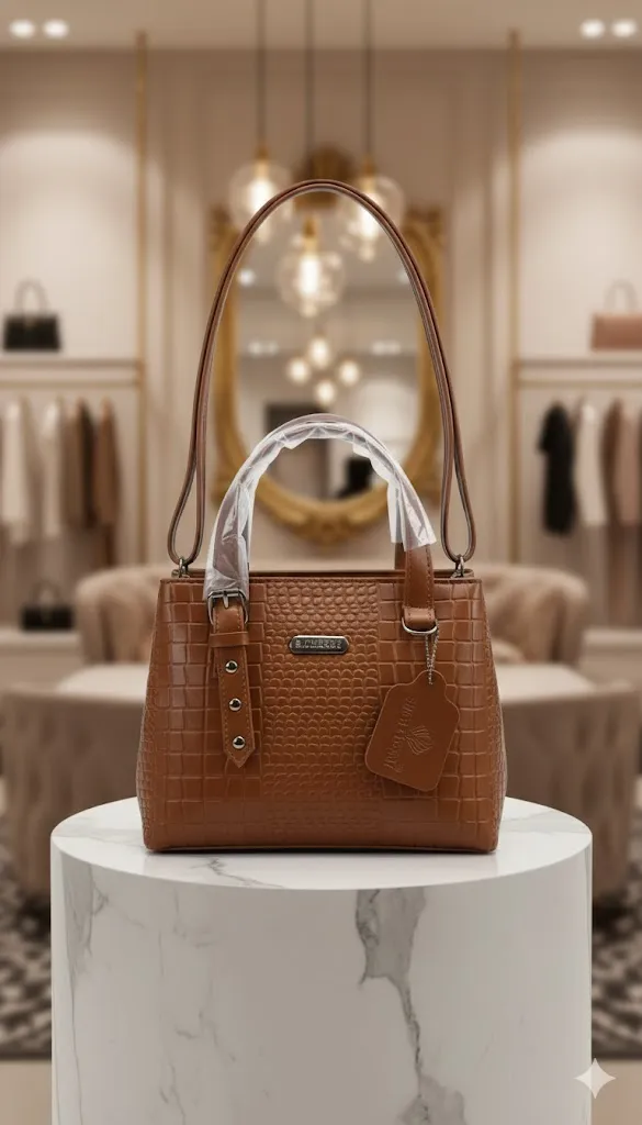 Women's Tan S Cherry Croc-Textured Handbag with Dual Handles & Tag Charm