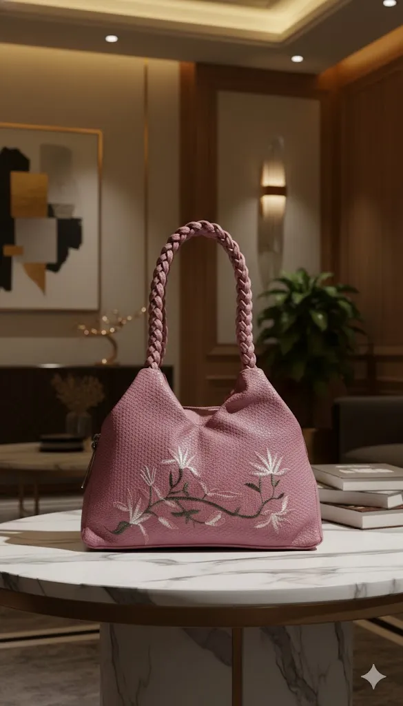 [H80] Women's Luxury Woven Handbag with Floral Embroidery – Premium Vegan Leather Tote Bag with Braided Top Handle (pink)