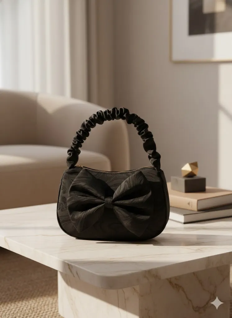 [H94] Luxury Black Satin Bow Handbag for Women